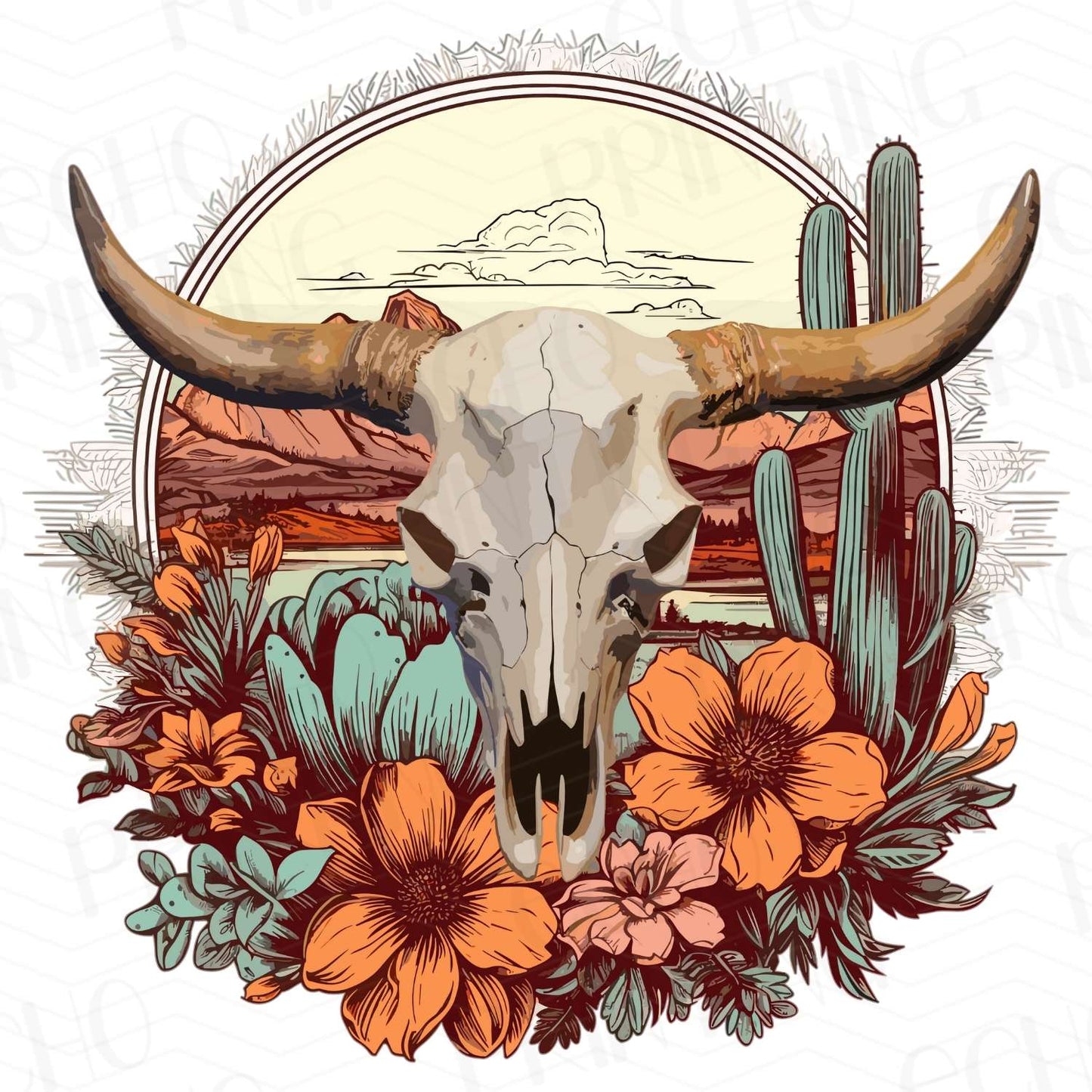 WSTNG 20 - COW SKULL FLORAL DESERT SUNSET