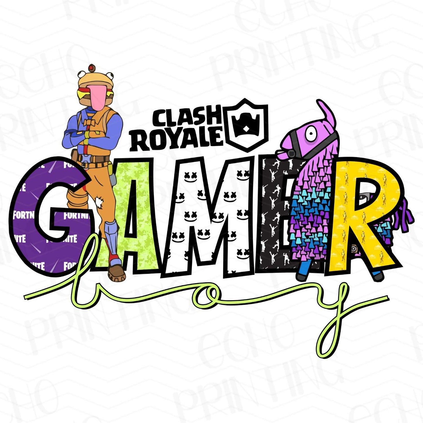 CLASH ROYALE GAMER BOY DESIGN WITH PIXEL CHARACTERS AND BOLD TEXT