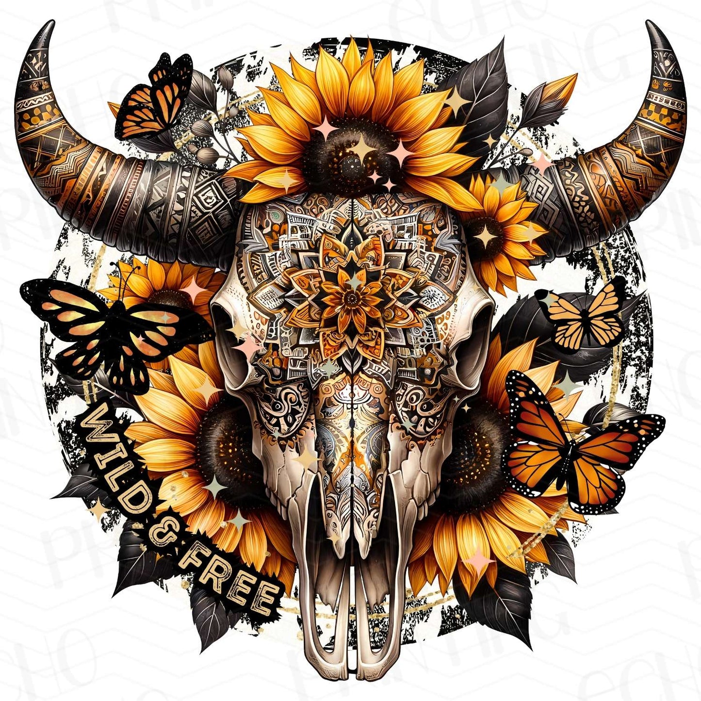 WSTN 28 - WILD AND FREE SKULL WITH SUNFLOWERS