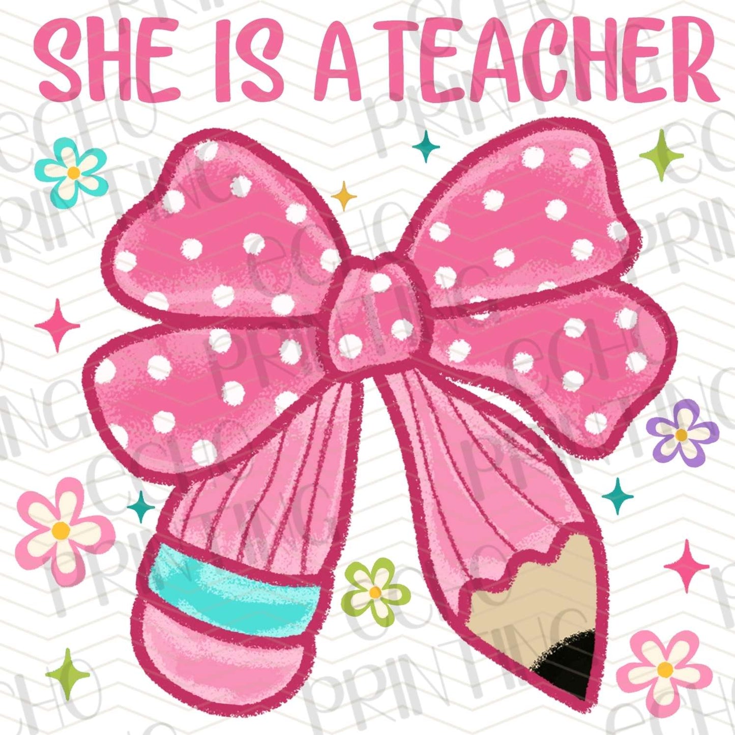 TCHR 356 – SHE IS A TEACHER WITH PINK BOW AND PENCIL