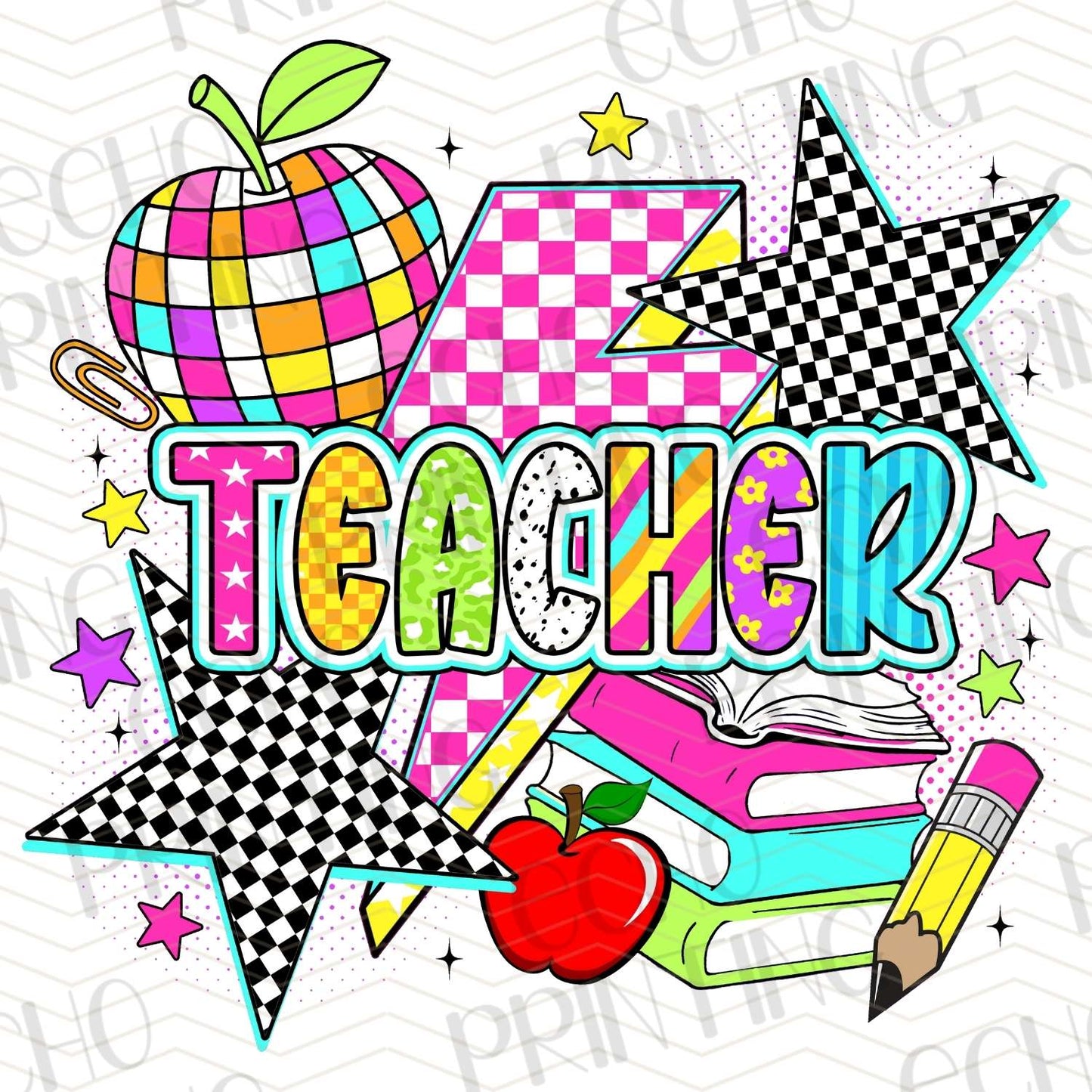 TCHR 362 – COLORFUL STACKED TEACHER WITH STARS AND CRAYONS
