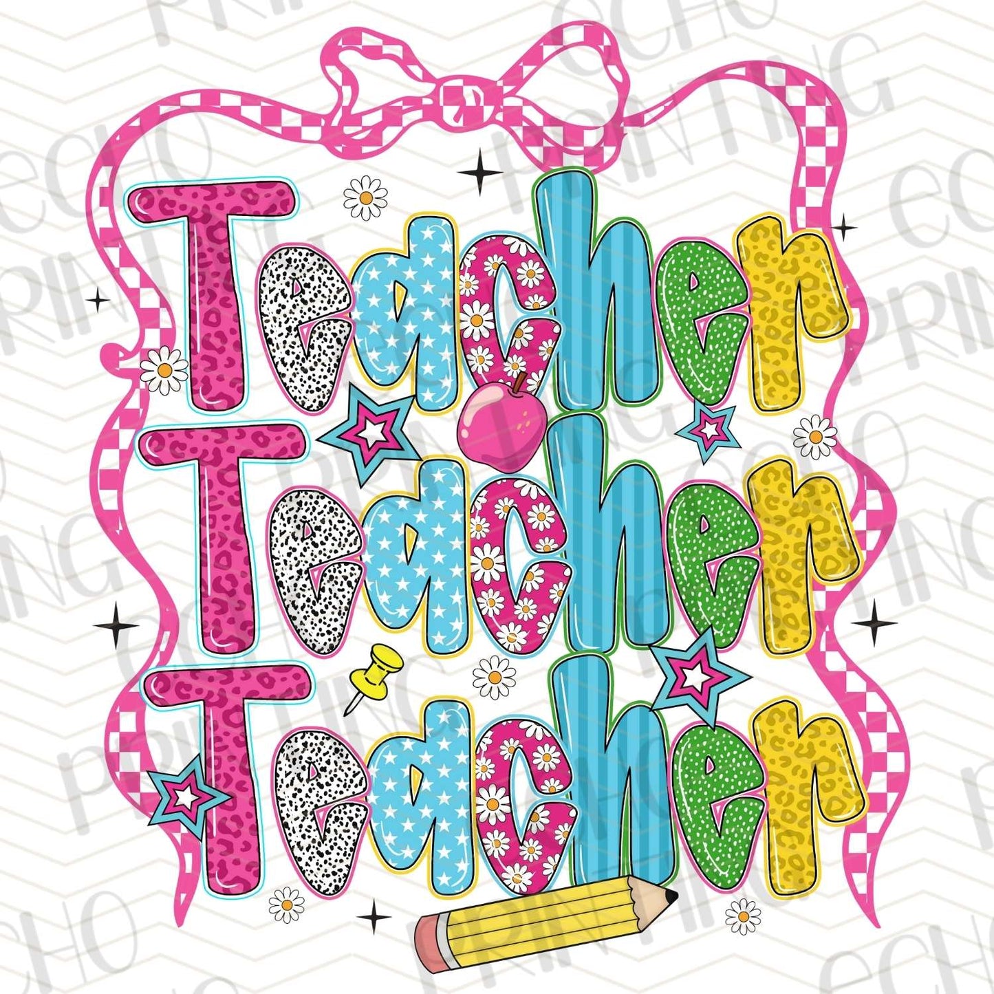 TCHR 364 – TEACHER TEACHER STACKED WITH BOW OUTLINE