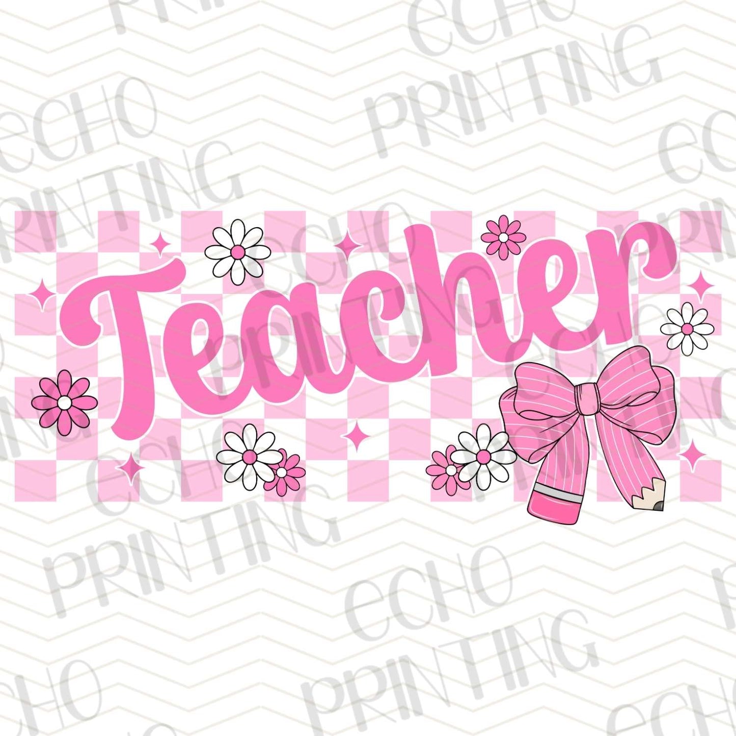 TCHR 385 – PINK PLAID TEACHER WITH BOWS AND FLOWERS