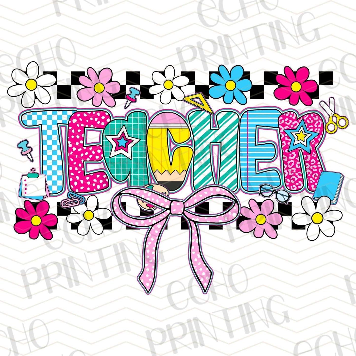 TCHR 402 – COLORFUL FLORAL TEACHER WITH PINK BOW