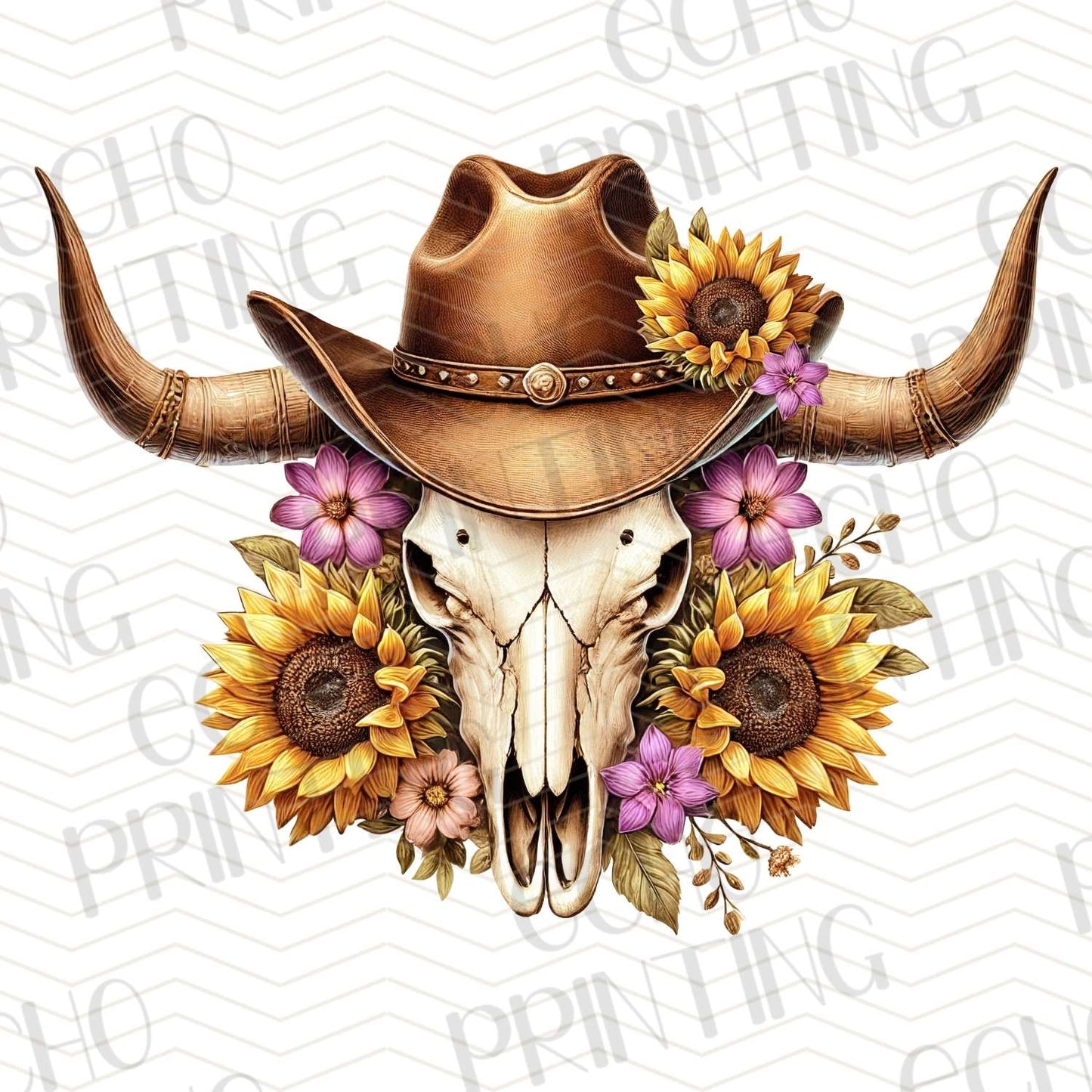 WSTN 54 - COW SKULL WITH HAT AND SUNFLOWERS