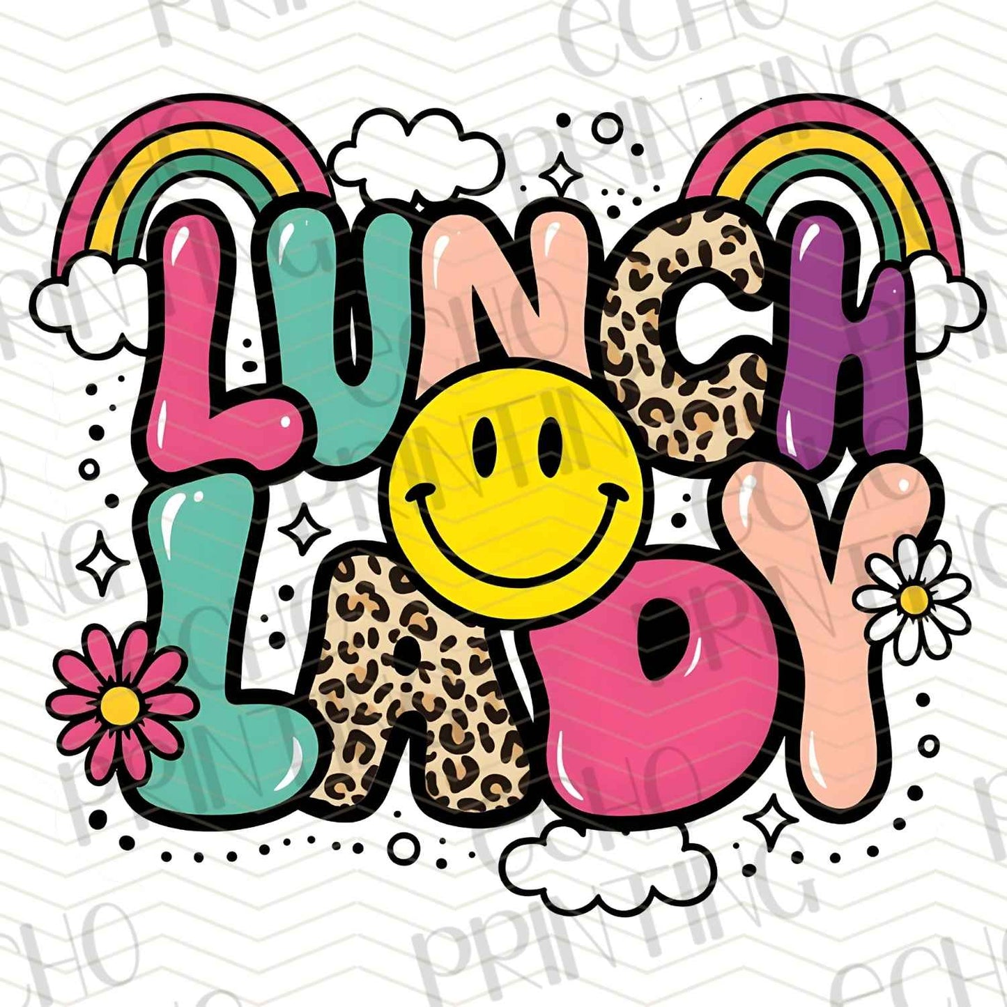 LND 1 – COLORFUL LUNCH LADY WITH RAINBOW AND SMILEY