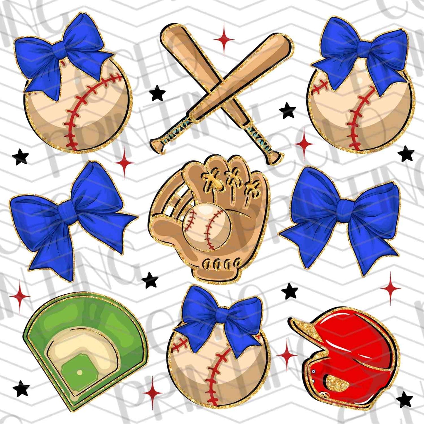 BSBG 216 - BASEBALL ICONS WITH BLUE BOWS AND GLOVES