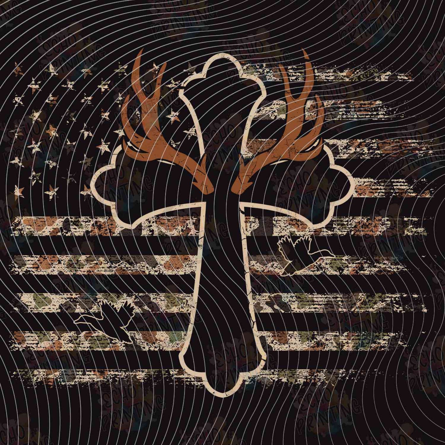 FSHT 313 - DISTRESSED AMERICAN FLAG WITH DEER ANTLER CROSS