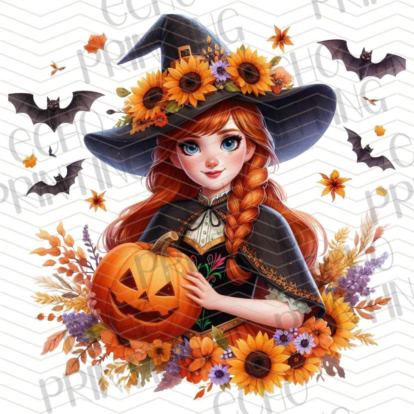 HLW 1091 – RED HAIR GIRL WITH PUMPKINS AND SUNFLOWERS