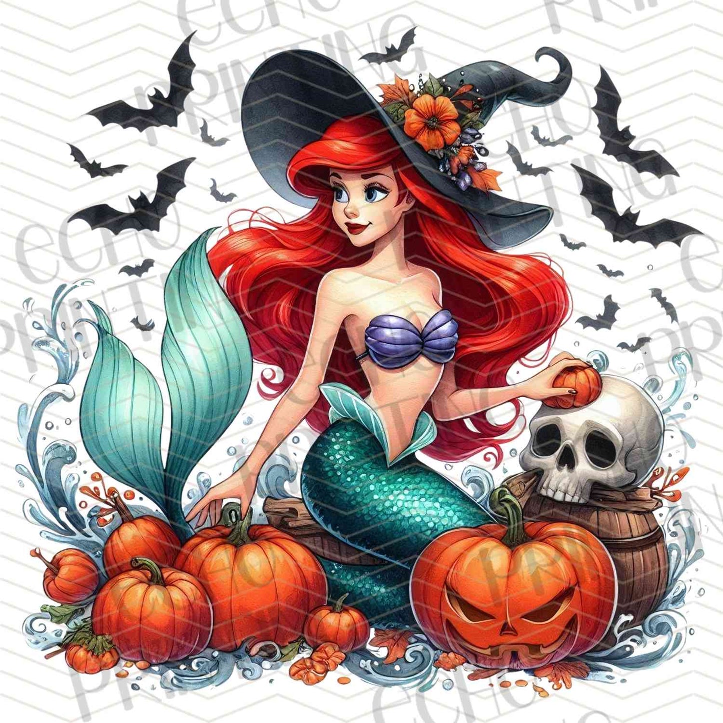 HLW 1095 - MERMAID GIRL WITH SKULL AND PUMPKINS