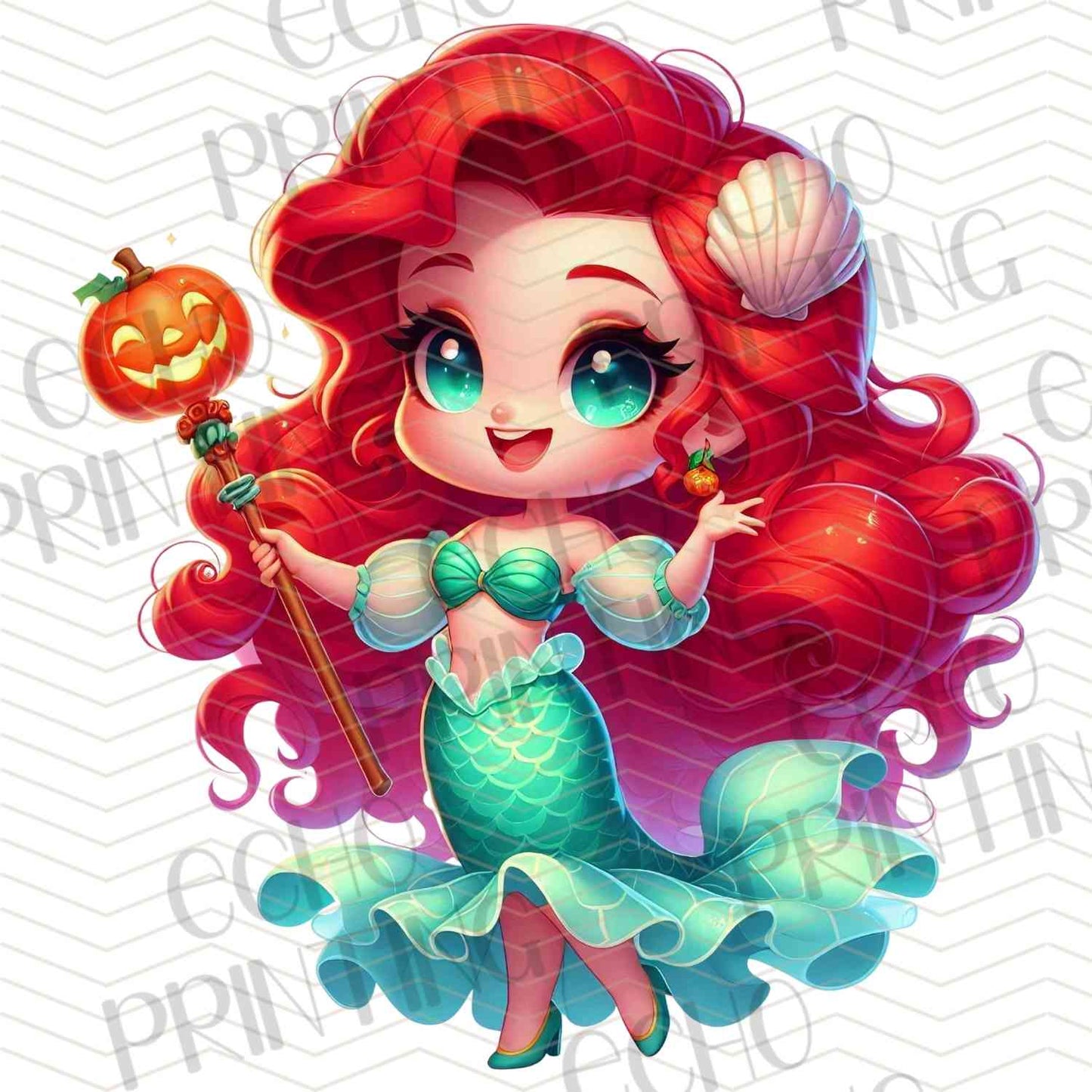 HLW 1129 - RED MERMAID GIRL WITH PUMPKINS
