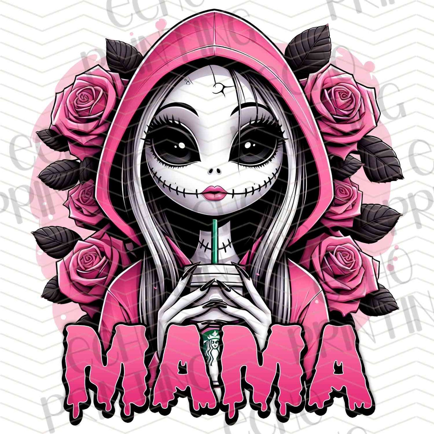 HLW 1158 – BLACK AND WHITE SKULL GIRL WITH MAMA TEXT