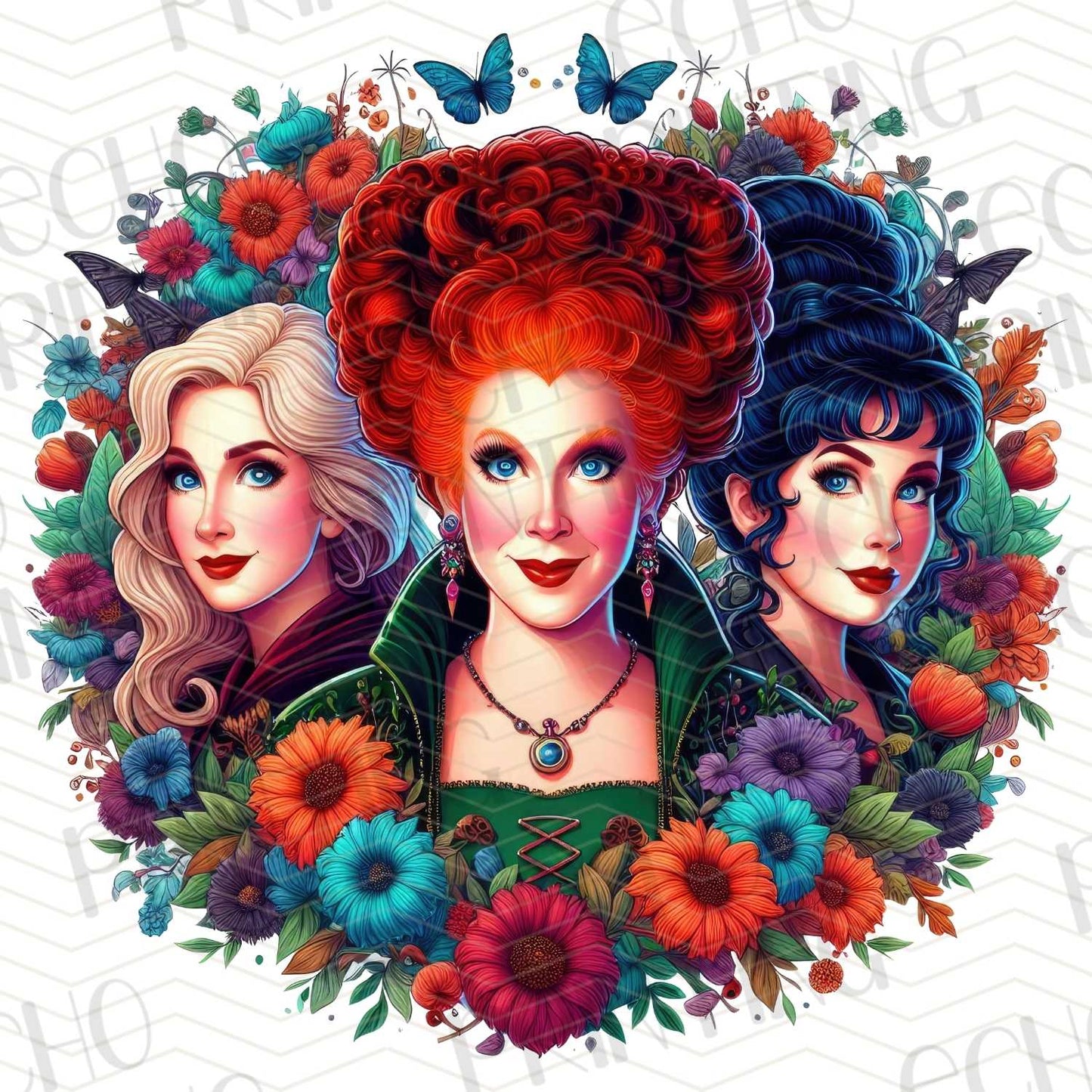 HLW 124 - RED-HAIRED WITCH WITH FRIENDS IN FLORAL FRAME