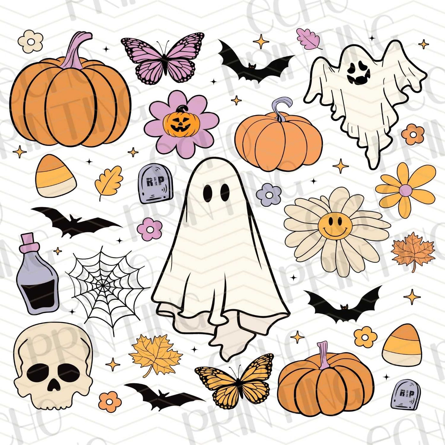 HLW 145 - GHOST WITH PUMPKINS AND SKULLS IN FALL COLORS