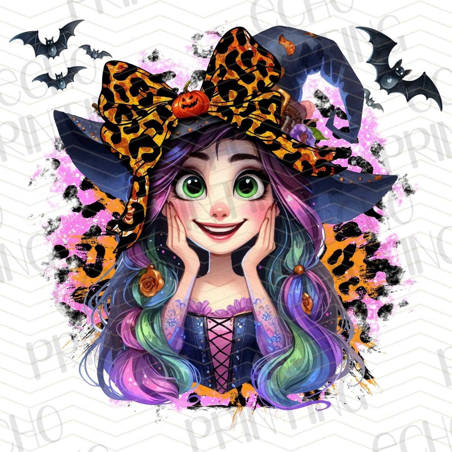 HLW 298 – COLORFUL WITCH GIRL WITH LEOPARD PRINT BOW