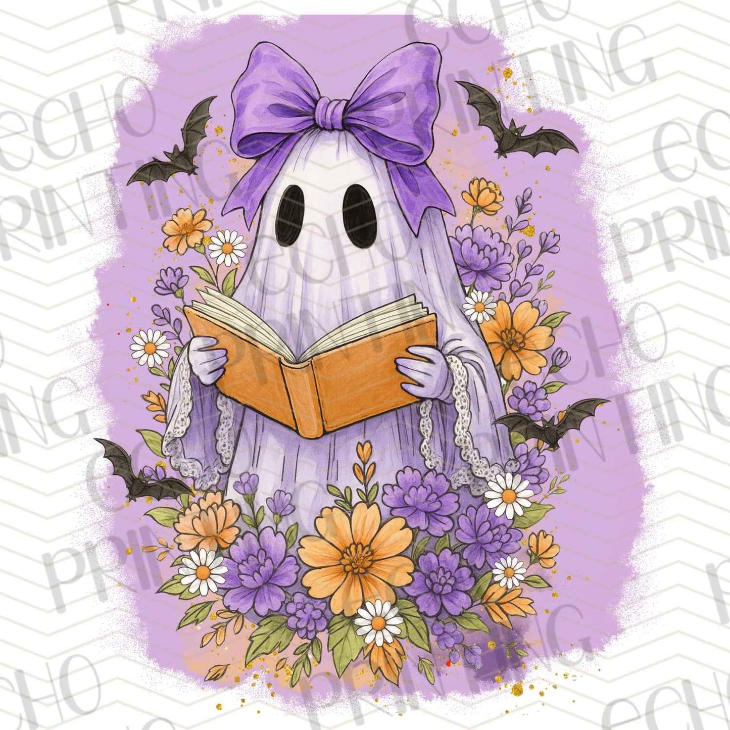 HLW 762 – GHOST WITH BOOK AND PURPLE BOW