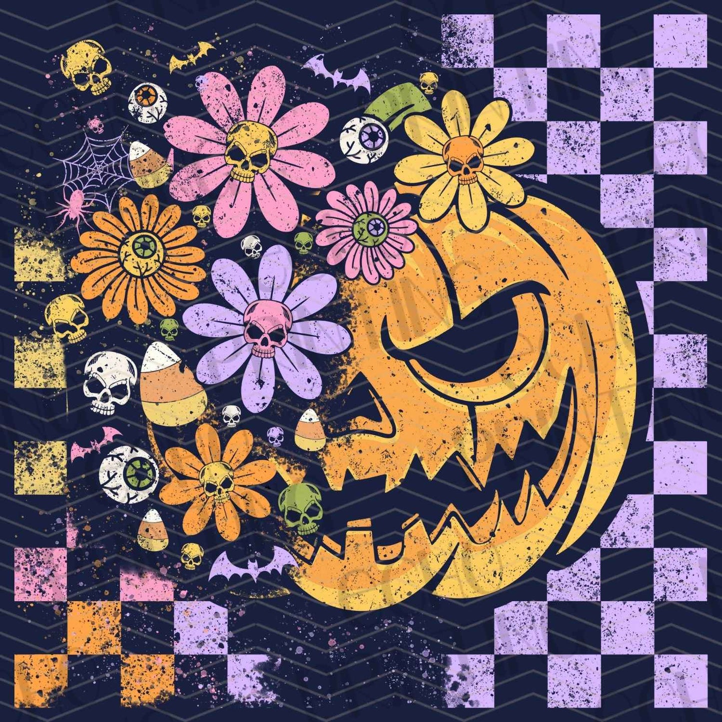 HLW 790 – PURPLE CHECKERED BACKGROUND WITH PUMPKIN FACE AND FLOWERS