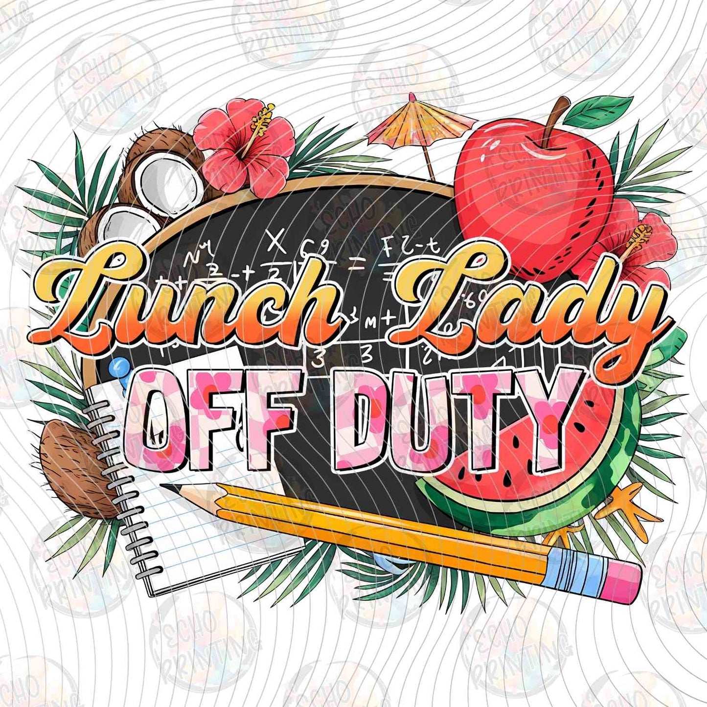 LNDG 41 - LUNCH LADY OFF DUTY WITH PENCIL AND APPLE