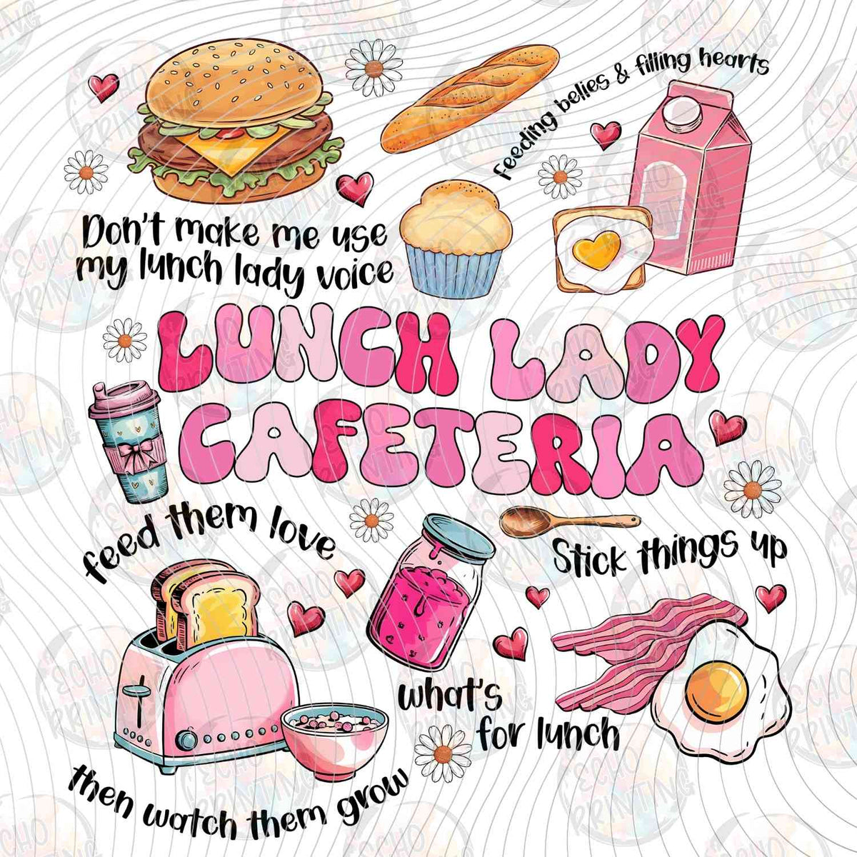 LNDG 46 - LUNCH LADY CAFETERIA PINK TEXT WITH FOOD
