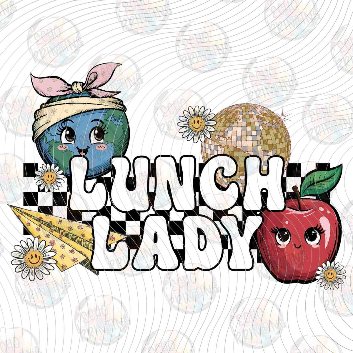 LNDG 53 - LUNCH LADY CHECKERBOARD LETTERS WITH APPLE