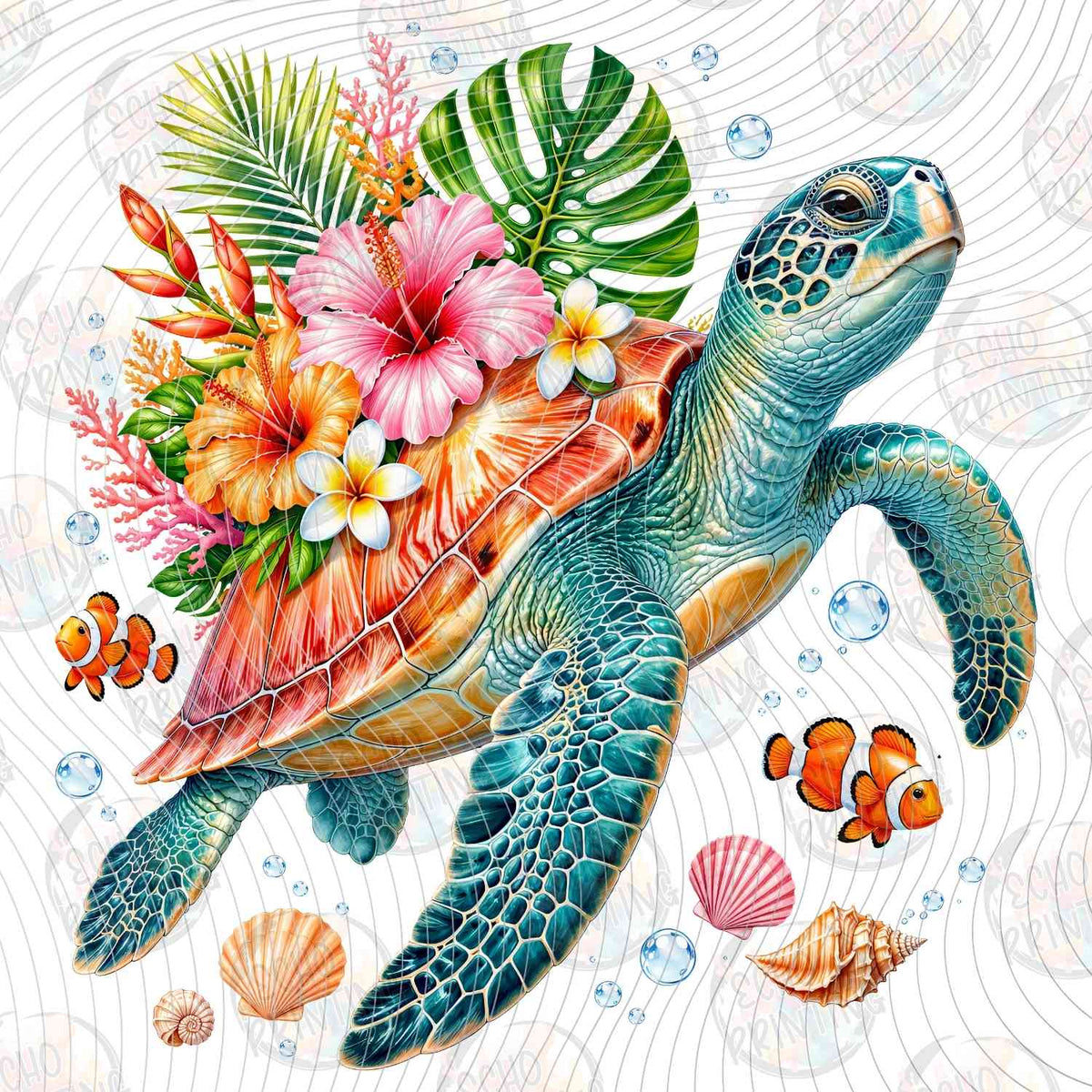 SMRG 870 - TROPICAL SEA TURTLE WITH FLOWERS