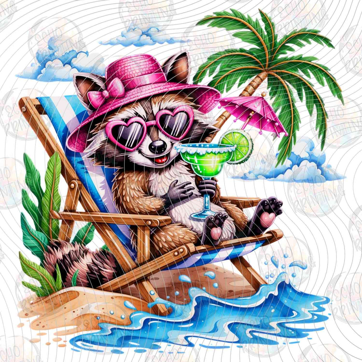 SMRG 890 - RACCOON RELAXING IN BEACH CHAIR