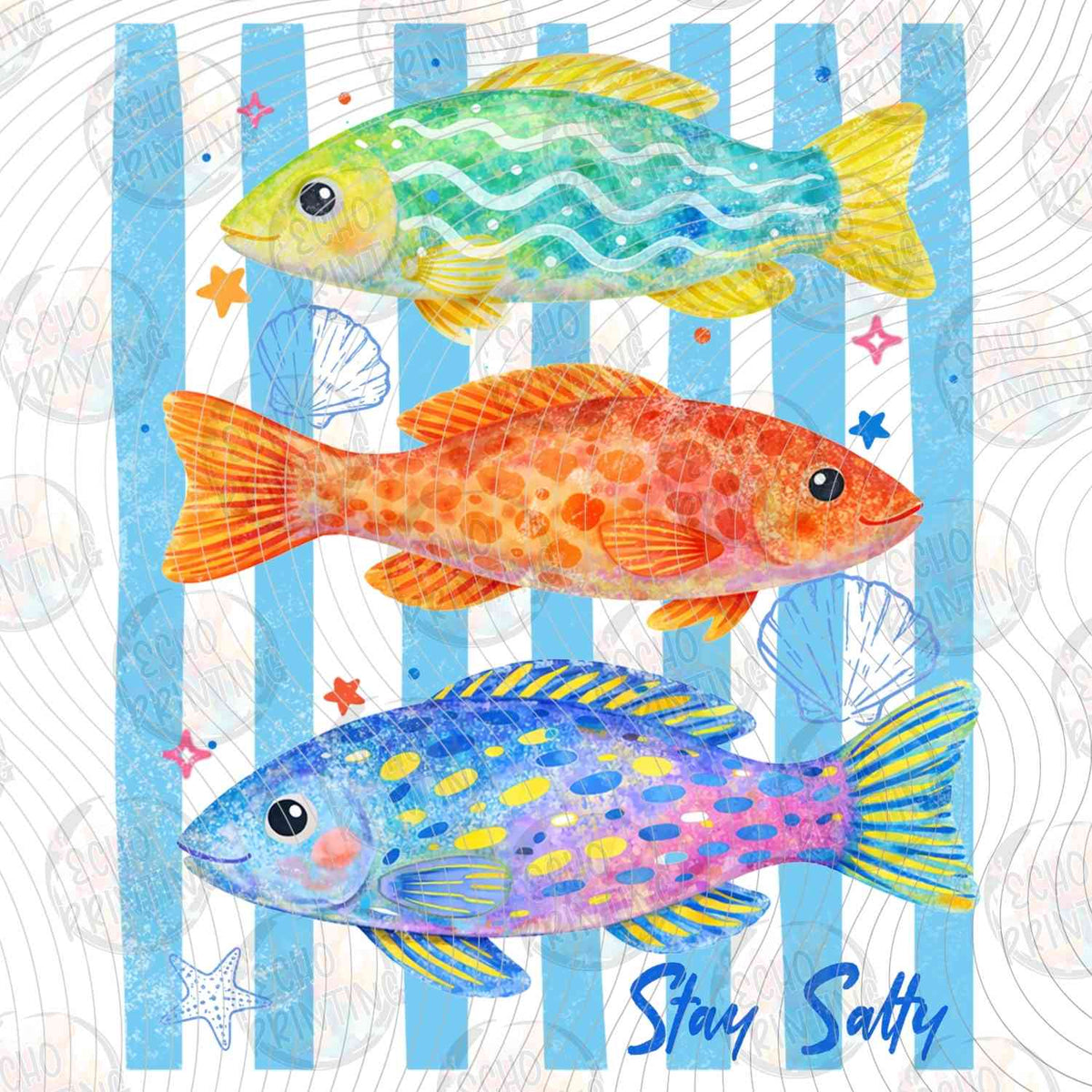SMRG 908 - COLORFUL TROPICAL FISH ON BLUE STRIPES