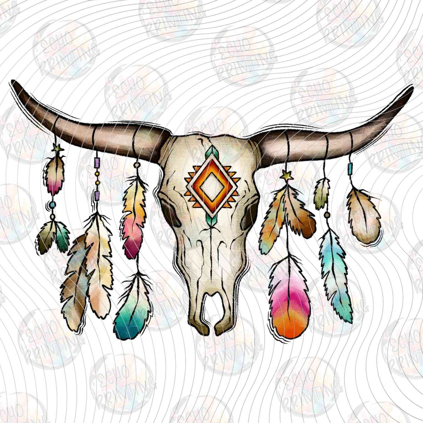 WSTNG 230 - BULL SKULL WITH FEATHERS AND TURQUOISE