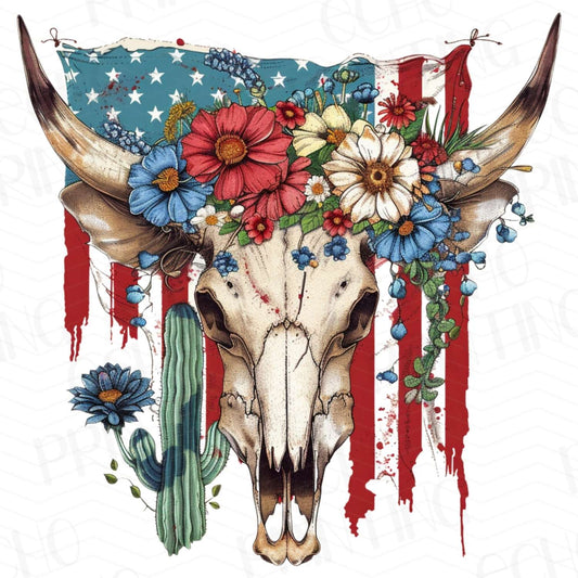 WSTN 1 - FLORAL COW SKULL AMERICAN FLAG