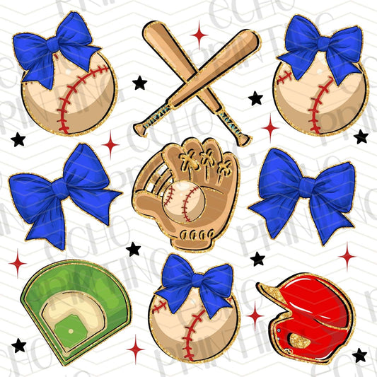 BSB 216 - BASEBALL ICONS WITH BLUE BOWS AND GLOVES