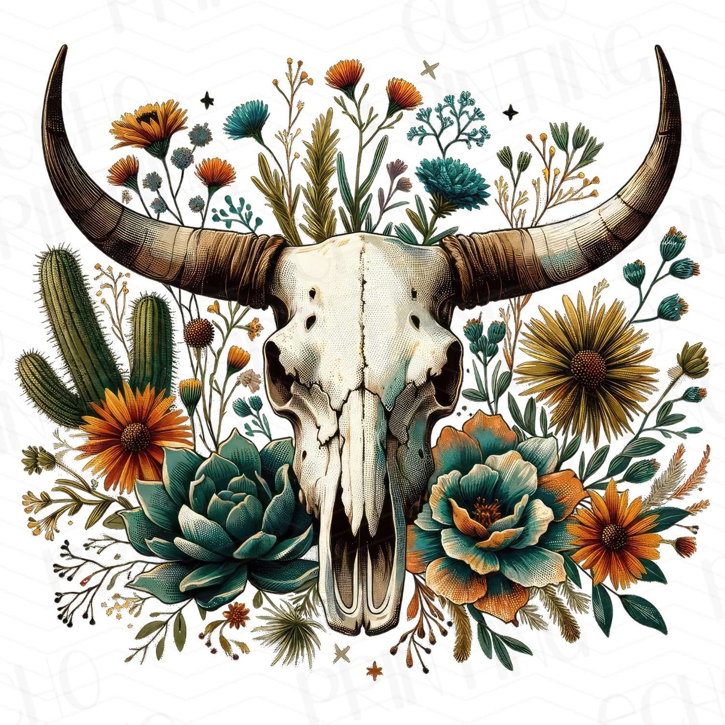 WSTN 27 - COW SKULL WITH FLORAL CACTUS