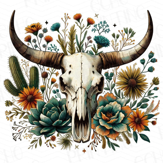 WSTN 27 - COW SKULL WITH FLORAL CACTUS