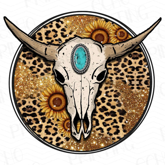 WSTN 31 - LEOPARD CIRCLE COW SKULL TURQUOISE