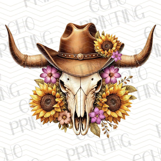 WSTNG 54 - COW SKULL WITH HAT AND SUNFLOWERS