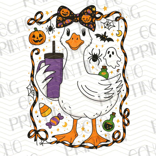 HLW 432 – GOOSE WITH DRINK, PUMPKINS & SPIDER BOW