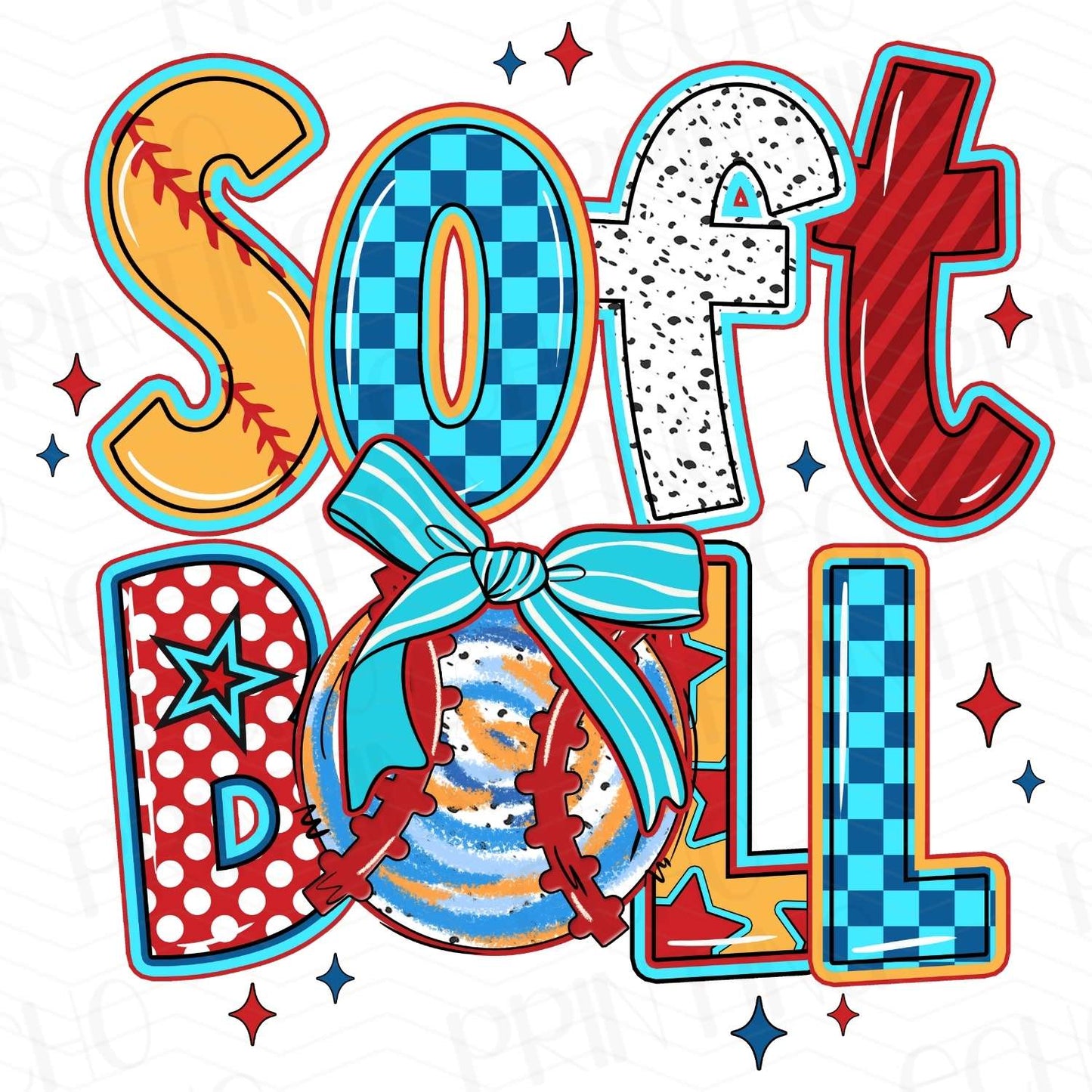 BSB 7 - RETRO SOFTBALL WITH BOW AND STARS