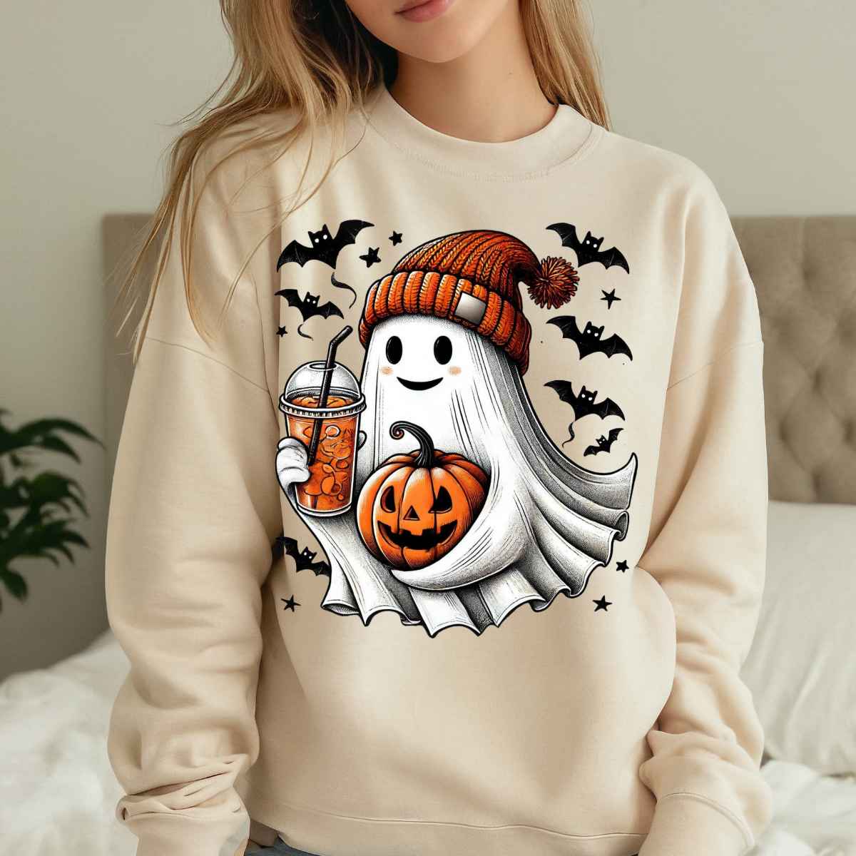 E45643 - Cute Ghost w Coffee & Pumpkin