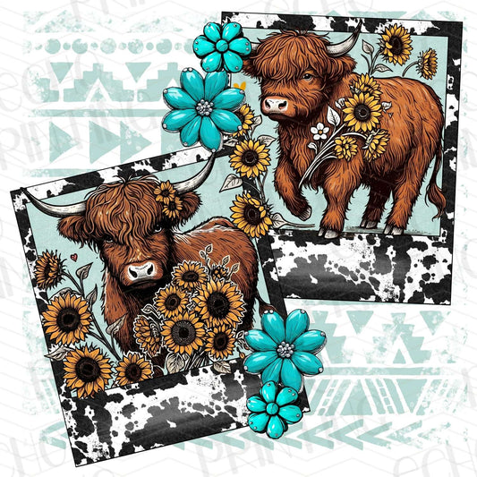FRM 40 – HIGHLAND COWS WITH BLUE FLOWERS