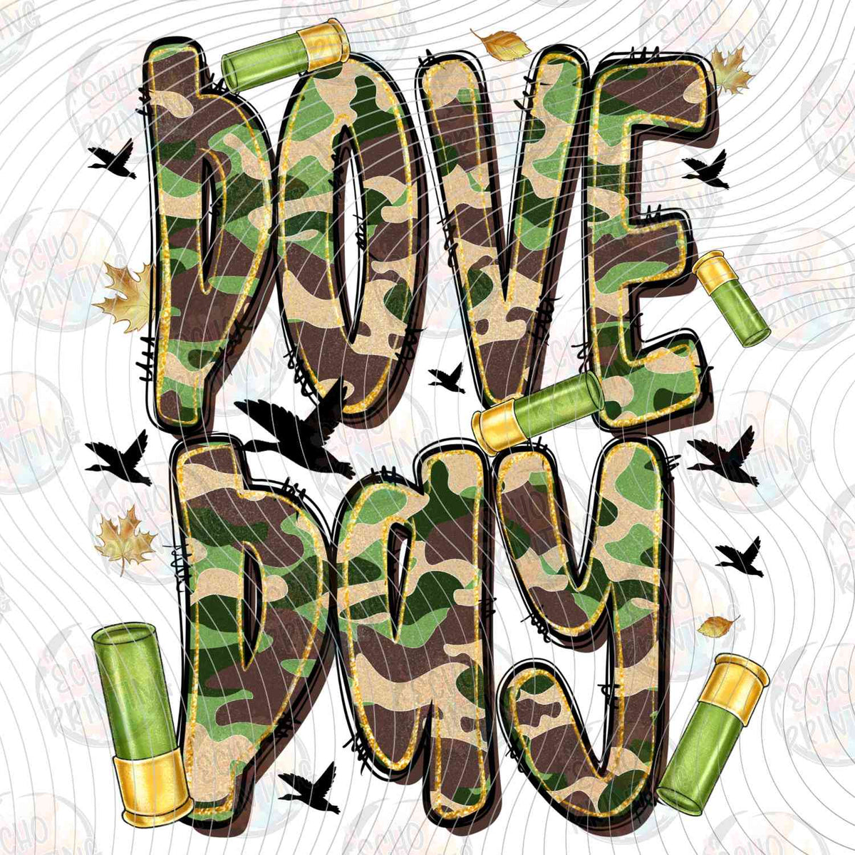 FSHT 305 - DOVE DAY CAMO LETTERS WITH BIRDS