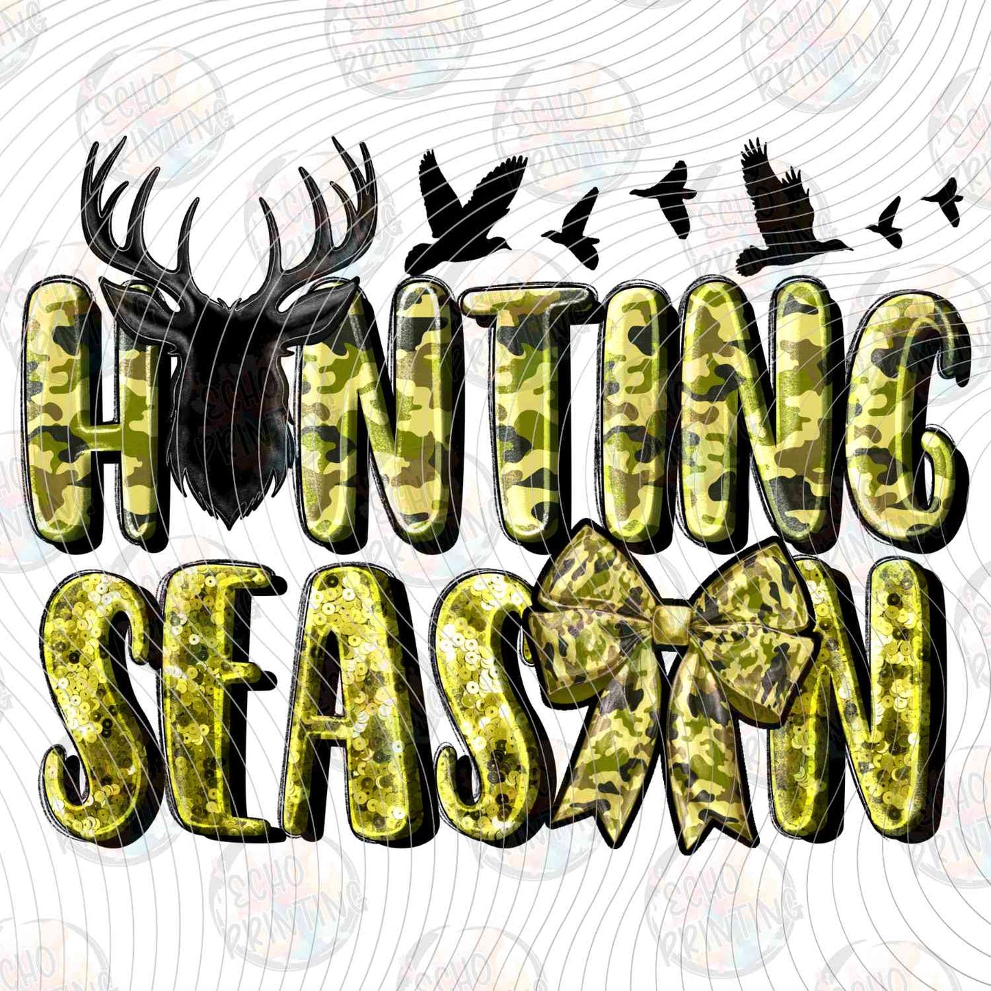 FSHT 314 - HUNTING SEASON CAMO LETTERS WITH BIRDS