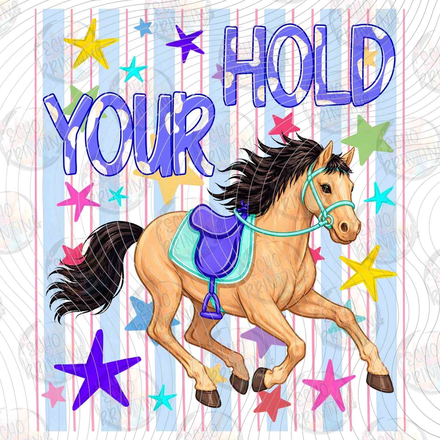 FSSG 765 - HOLD YOUR HORSES COLORFUL HORSE ON PURPLE STRIPES
