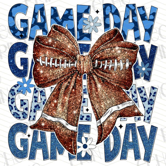 FTBG 131 - GAME DAY STACKED BLUE WITH SPARKLE FOOTBALL BOW
