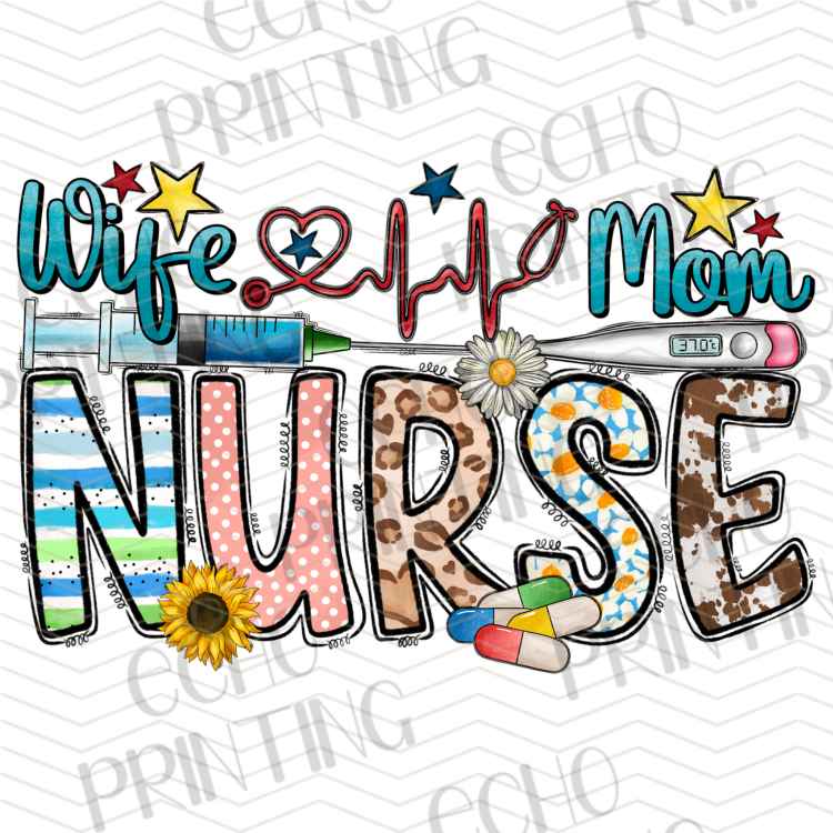 HLTCR 491 - WIFE MOM NURSE COLORFUL LETTERING