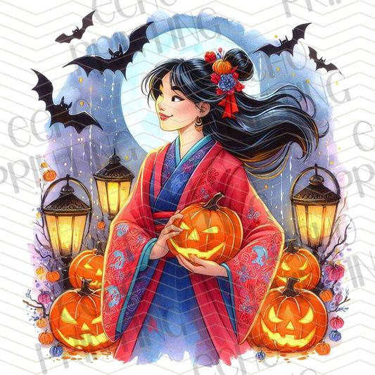 HLW 1099 – RED DRESS GIRL WITH PUMPKINS AND LANTERN