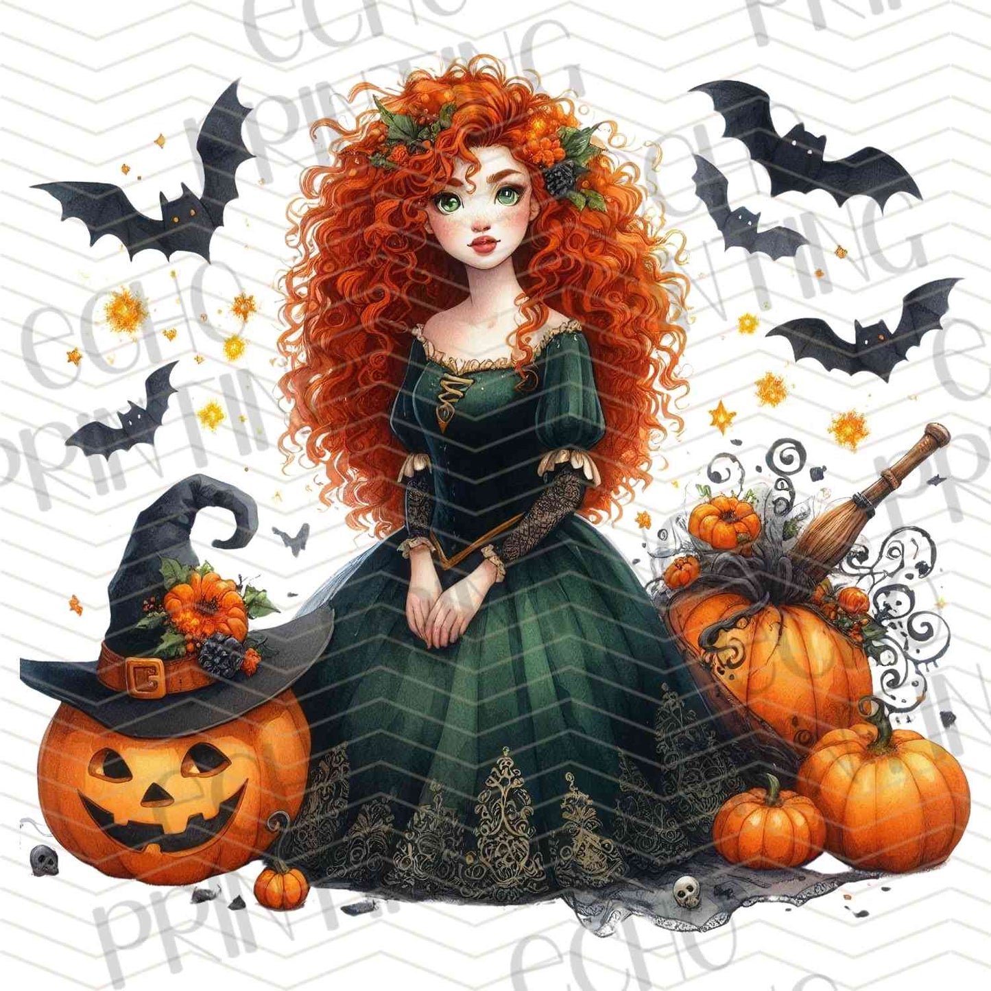 HLW 1108 – CURLY HAIR GIRL IN GREEN DRESS WITH PUMPKIN