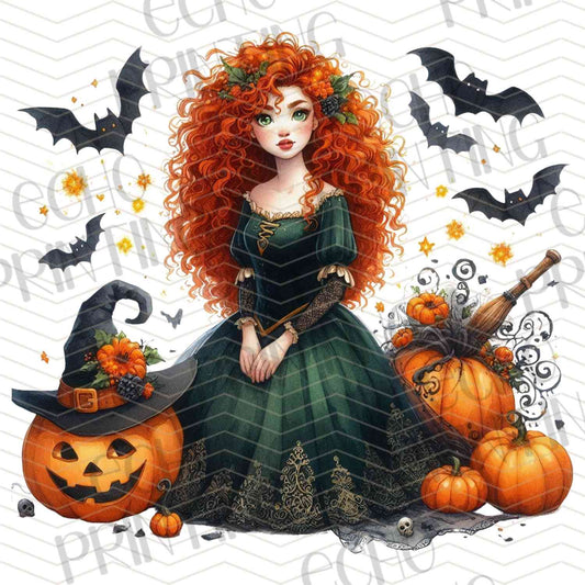 HLW 1108 – CURLY HAIR GIRL IN GREEN DRESS WITH PUMPKIN