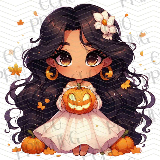 HLW 1135 – BLACK HAIR GIRL WITH WHITE DRESS AND PUMPKIN