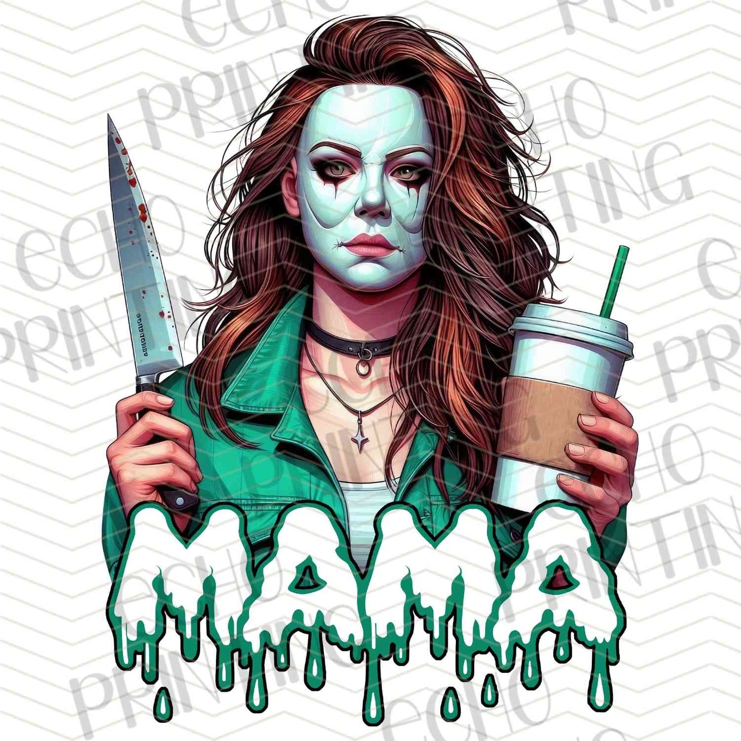 HLW 1166 – GREEN FACE WOMAN WITH CUP AND MAMA TEXT