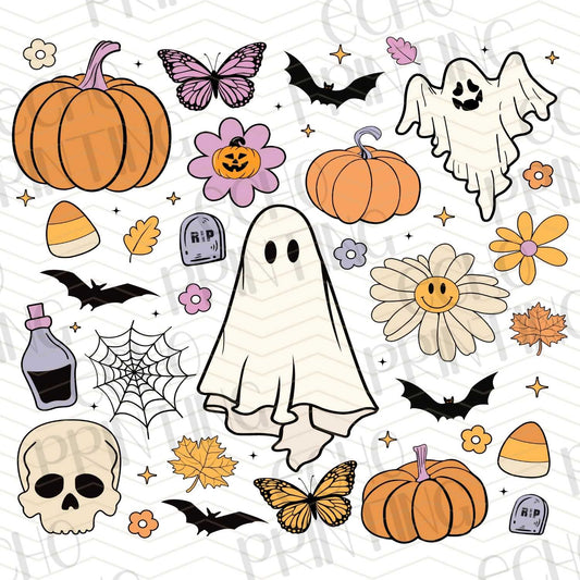 HLW 145 - GHOST WITH PUMPKINS AND SKULLS IN FALL COLORS
