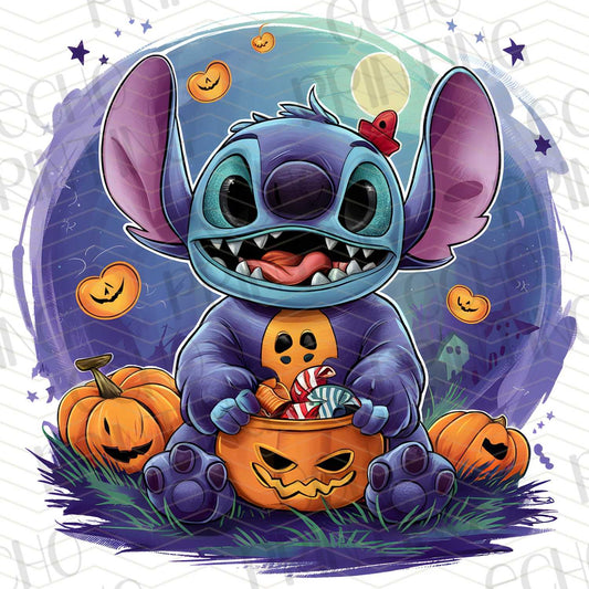 HLW 159 - CUTE BLUE ALIEN WITH PUMPKINS AND MOON